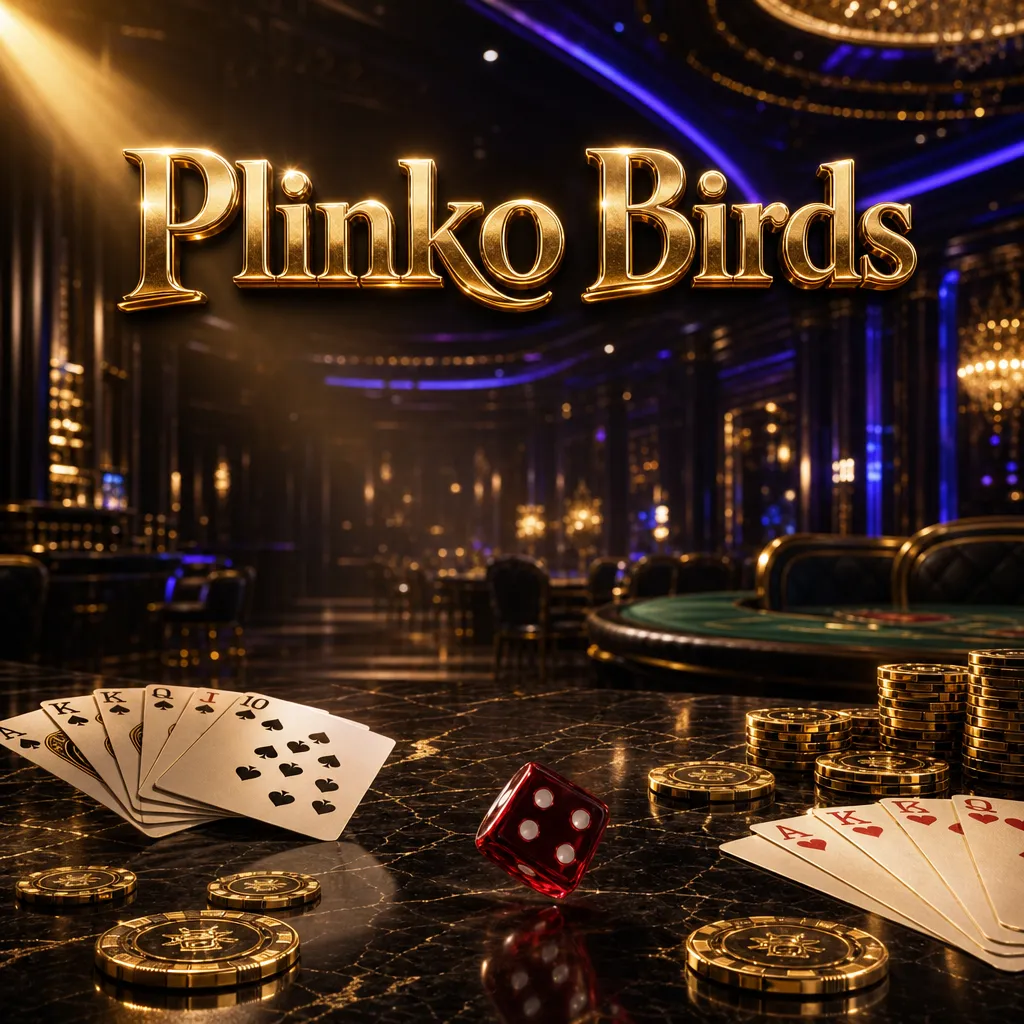 Luxurious dark casino floor with gold chips, playing cards, and ruby dice under cinematic golden and blue lighting for Plinko