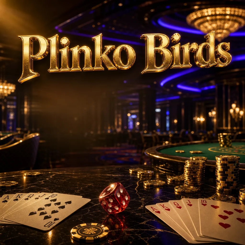 Luxurious dark casino floor with gold chips, playing cards, and ruby dice under cinematic golden and blue lighting for Plinko